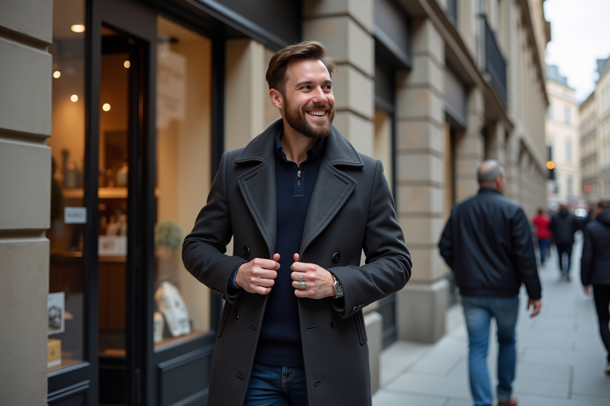 Jeune homme souriant boutonant son manteau en ville