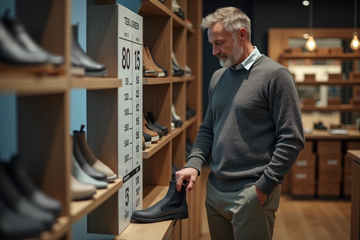 Homme v&eacute;rifie sa pointure dans un magasin de chaussures