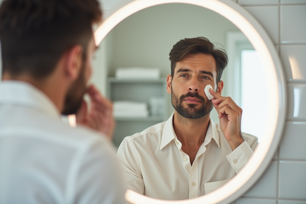 Homme appliquant soin visage devant miroir lumineux