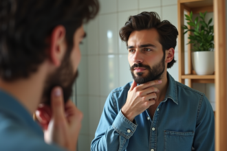 Homme dans sa trentaine se regardant dans le miroir de salle de bain