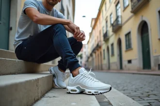 Homme portant des Nike TN Lisboa blanches assis sur des escaliers urbains de Lisbonne
