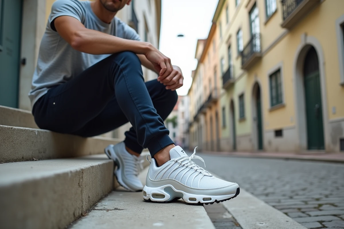 Homme portant des Nike TN Lisboa blanches assis sur des escaliers urbains de Lisbonne