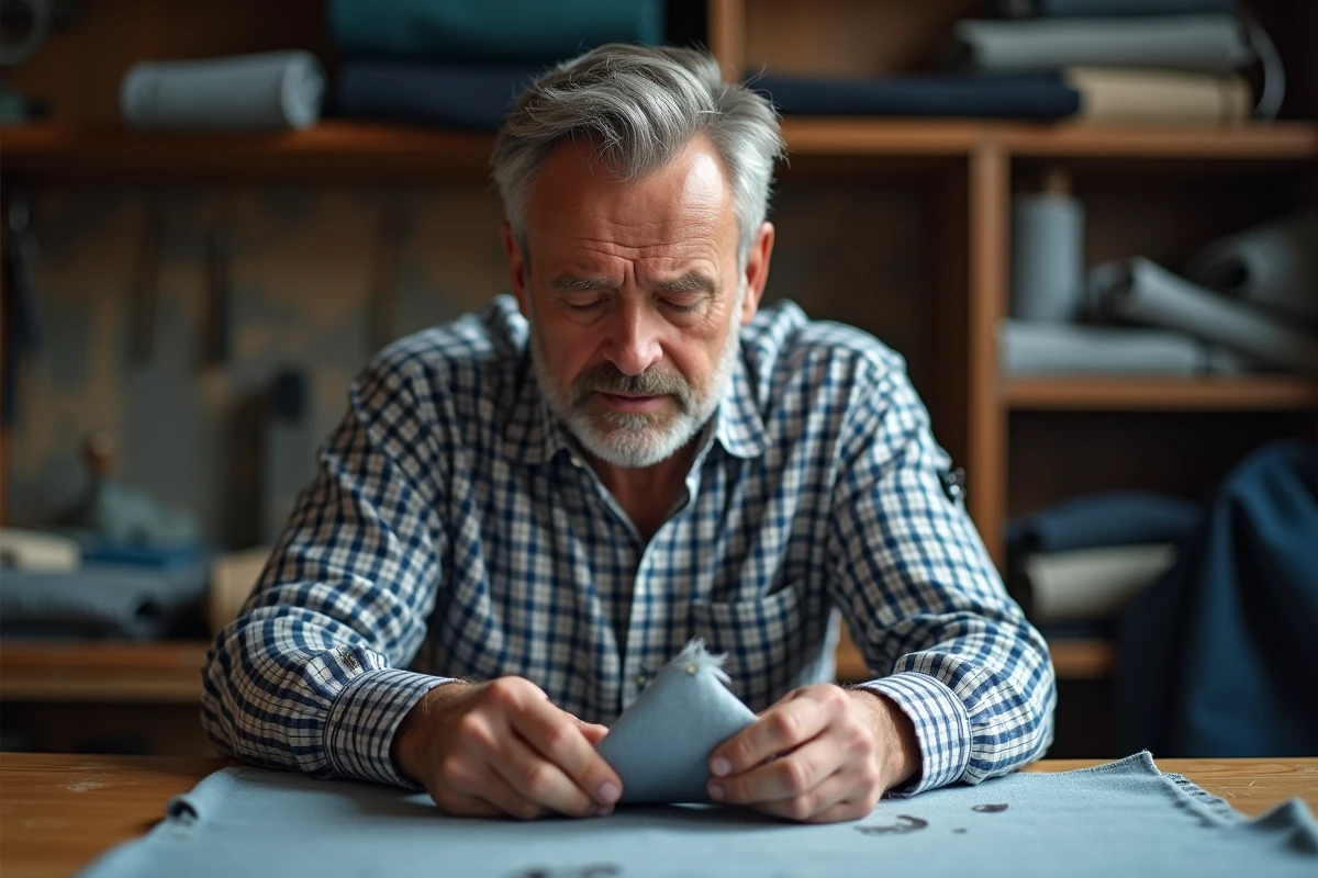 Homme examine un tissu déchiré dans un atelier de couture