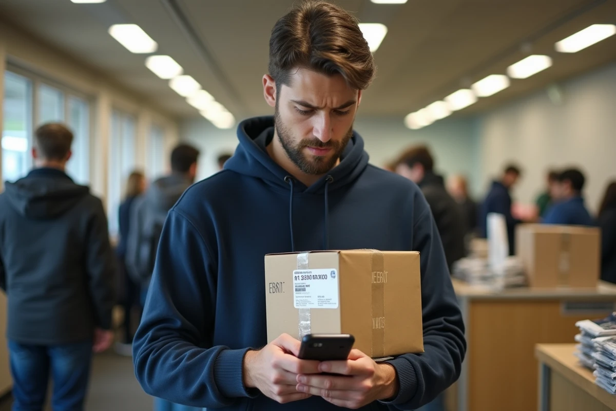 Homme dans un bureau de poste tenant un colis retour ZARA en attente de remboursement, consultant son téléphone pour suivre sa réclamation