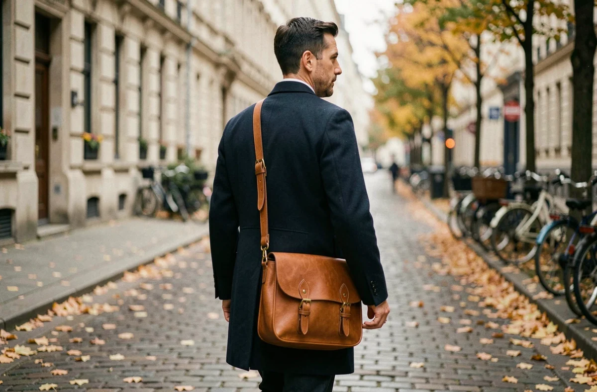 Homme portant une sacoche en cuir cognac pour ordinateur en marchant sur un pavé de rue urbaine en automne