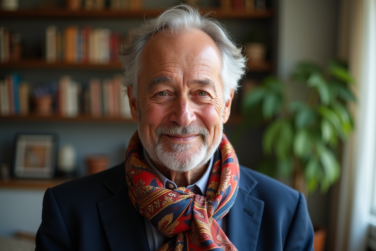 Homme d age portant une écharpe colorée dans un salon lumineux
