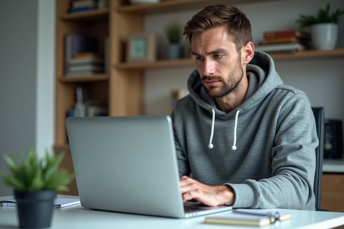 Homme consultant le service client Damart en ligne sur un ordinateur portable à son bureau