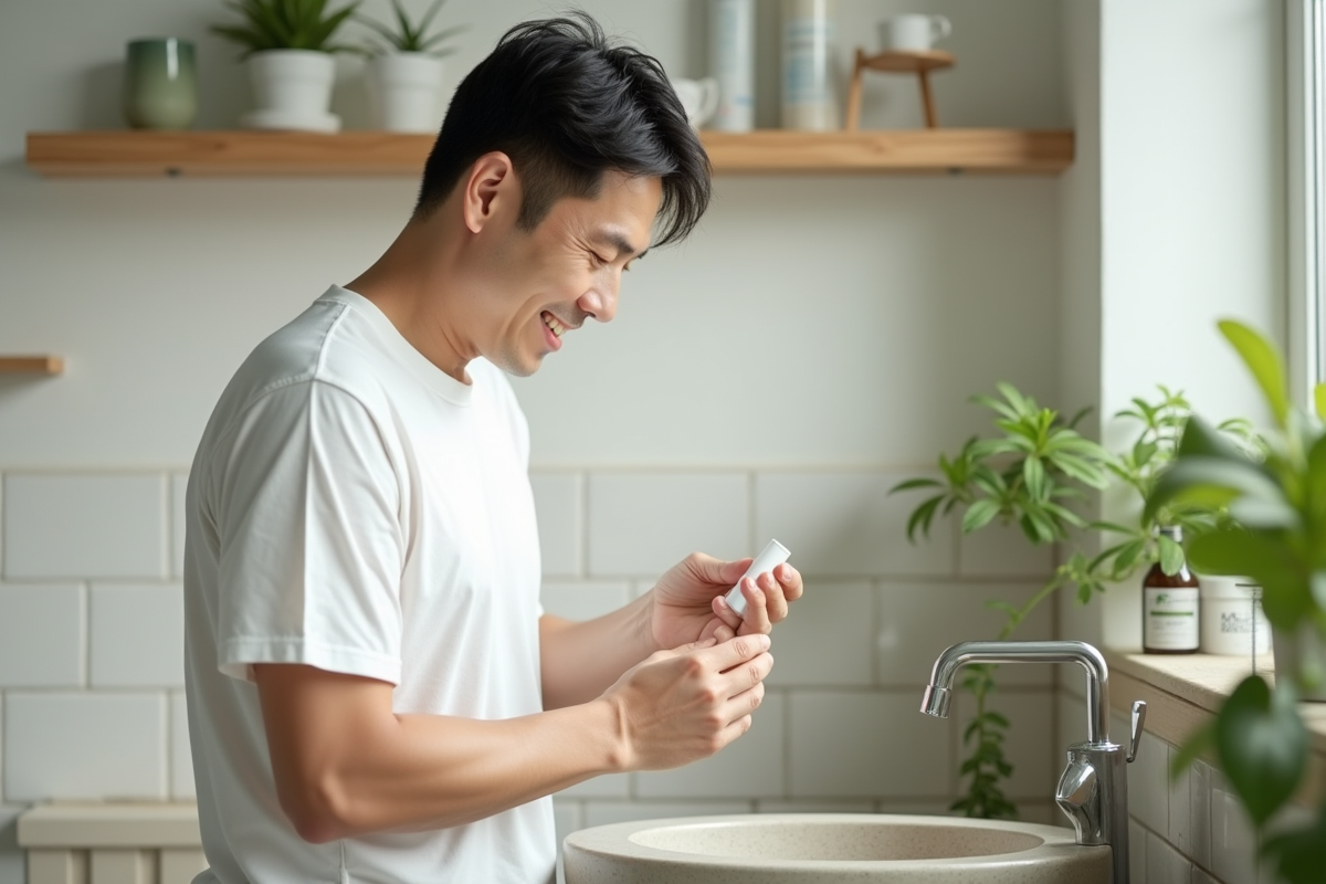 Homme asiatique appliquant une essence dans un espace minimaliste