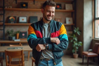 Homme en tenue modernisee 1980s dans un loft urbain