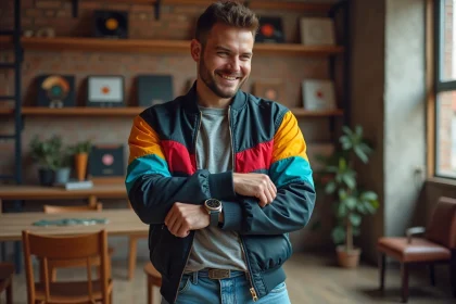 Homme en tenue modernisee 1980s dans un loft urbain