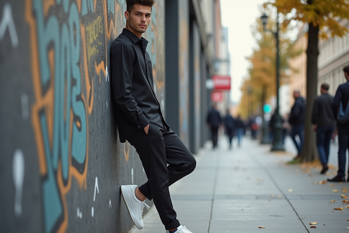 Jeune homme en tenue capsule décontractée dans la rue urbaine