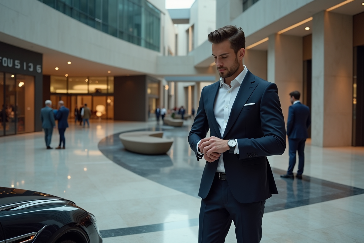 Jeune homme en costume vérifiant sa montre à côté d