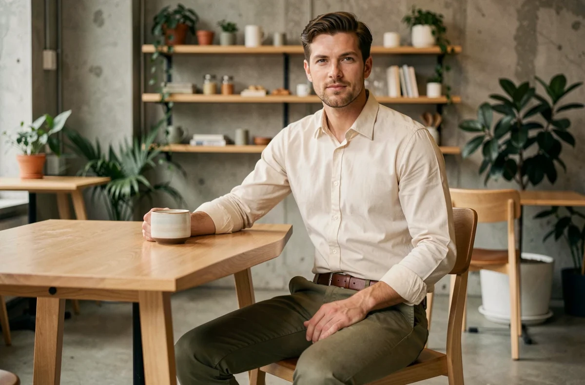 Homme en tenue décontractée chic avec pantalon vert kaki et chemise ivoire dans un café moderne