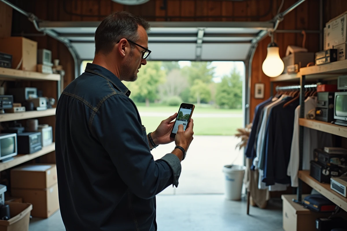 Homme photographiant des objets d'occasion dans un garage pour les vendre sur des plateformes comme Seelpy ou Leboncoin