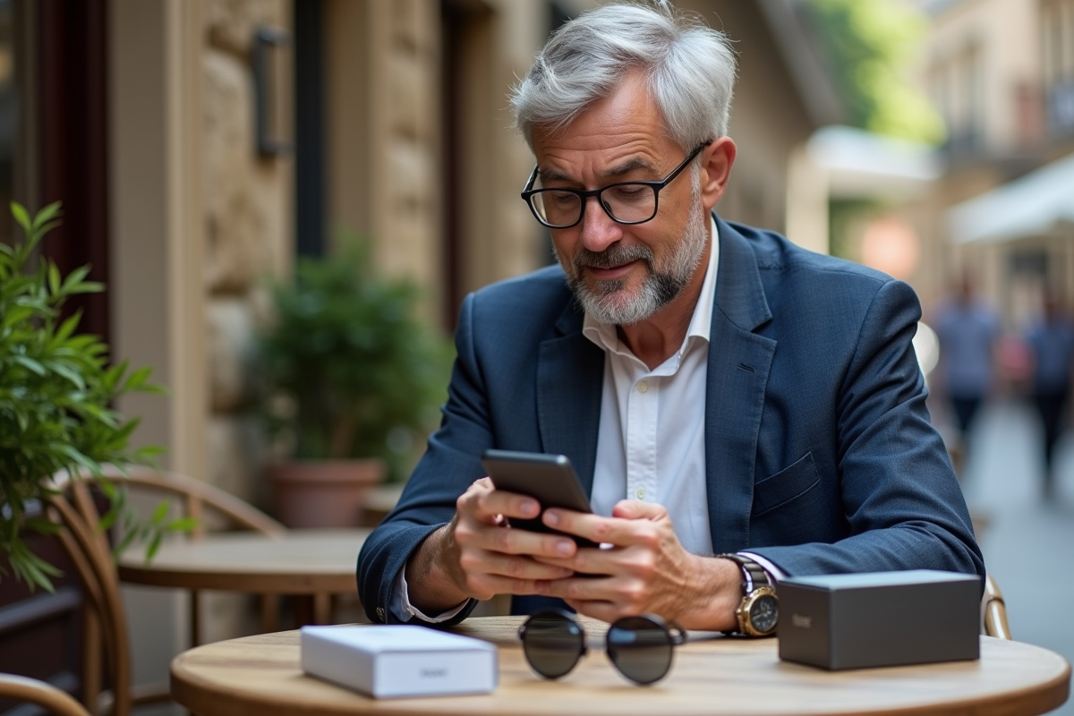 Homme vérifiant ses lunettes de soleil en extérieur avec smartphone