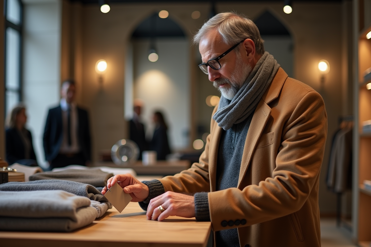 Homme bien habille examinant un pull en cachemire