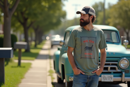 Homme d'âge moyen avec camion vintage dans un quartier