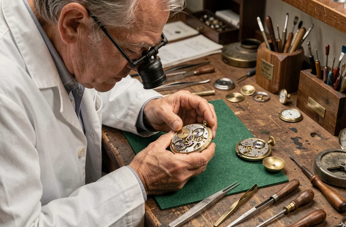Horloger expert examinant le mouvement mécanique exposé d'une montre de haute complication dans un atelier horloger traditionnel