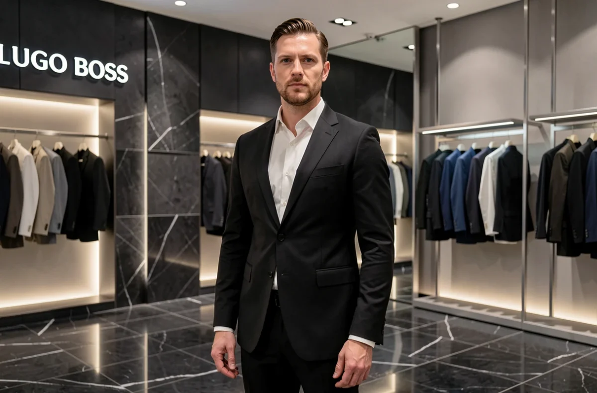 Un homme grand et confiant porte un costume Hugo Boss noir dans la boutique Hugo Boss de Lyon