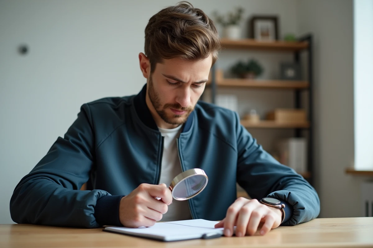 Homme inspectant les coutures d'un blouson Sonstiges Clothing avec une loupe sur un bureau minimaliste