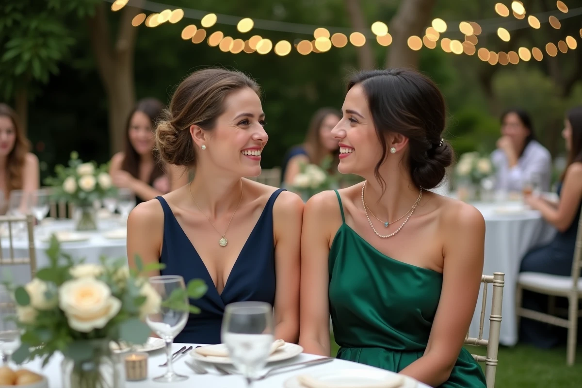 Deux invitées en robes de cocktail élégantes vert émeraude et bleu marine à une réception de mariage en plein air