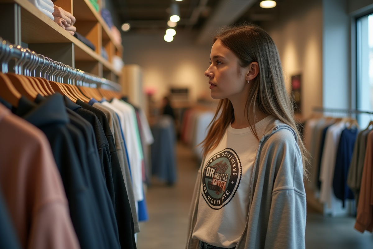 Jeune femme examine des vêtements dans une boutique