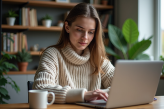 Jeune femme en sweater neutre travaillant sur son ordinateur à la maison