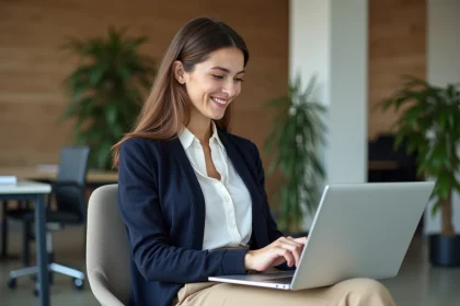 Femme professionnelle assise au bureau avec sourire naturel