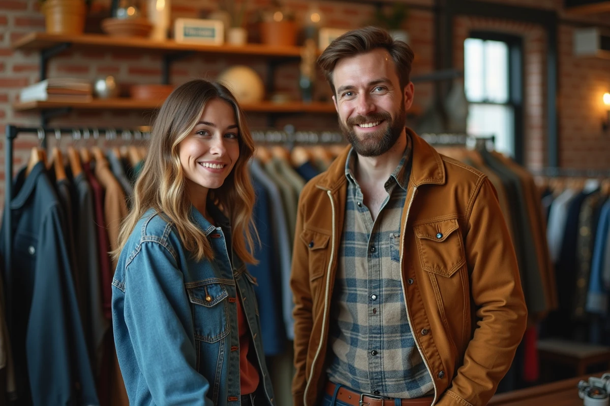Jeune femme et homme vintage dans une boutique de thrift