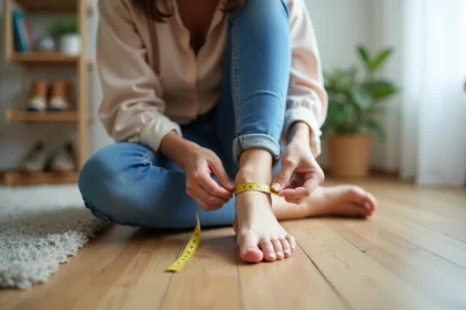 Jeune femme mesure son pied avec un ruban dans sa maison