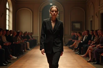 Jeune femme confiante en tailleur noir dans un ballroom