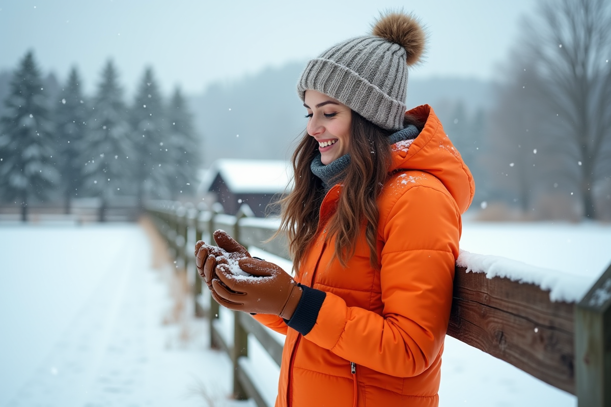 Jeune femme dans la neige près d