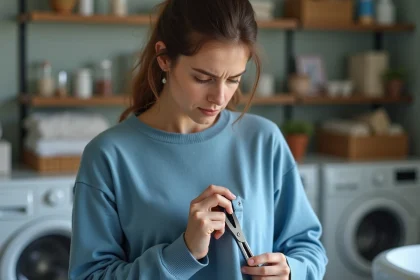 Jeune femme en sweater bleu retire une etiquette de t-shirt coton