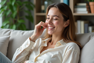 Jeune femme appliquant un soin visage dans un intérieur lumineux
