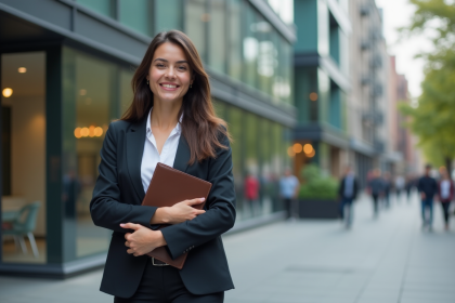 Jeune femme confiante en milieu urbain avec portfolio
