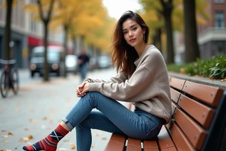 Jeune femme urbaine en denim et pull tirant sur une chaussette colorée