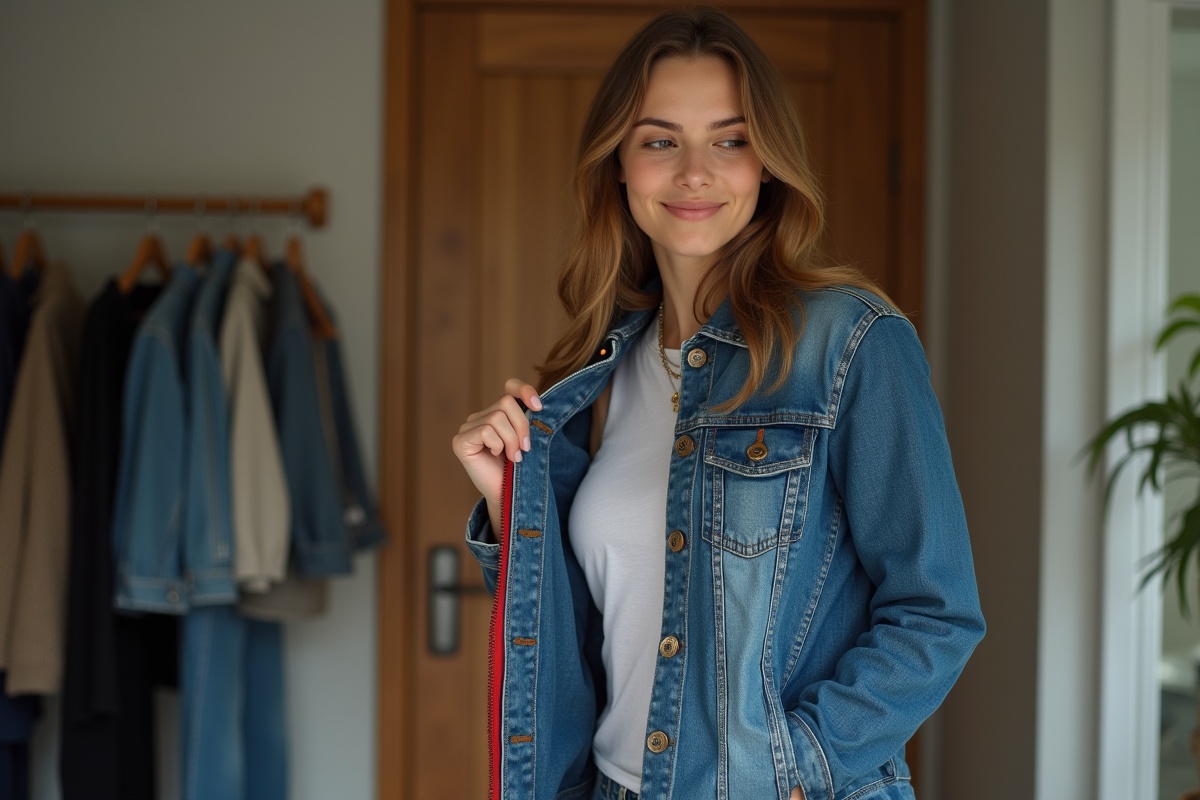 Jeune femme examine une fermeture éclair rouge sur une veste
