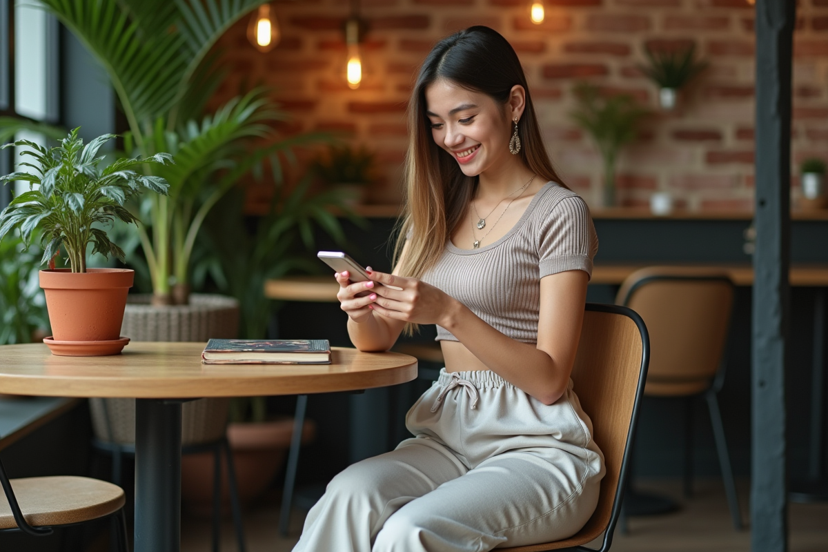 Jeune femme détendue dans un café cosy avec smartphone
