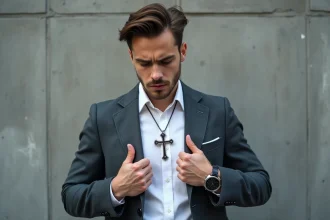 Jeune homme ajustant un gros pendentif croix en argent