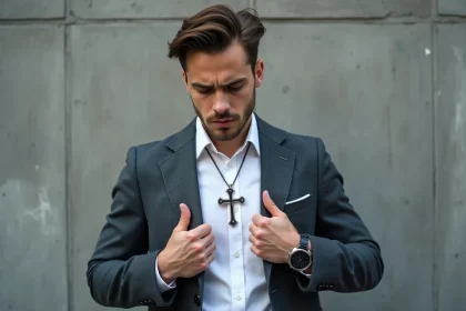 Jeune homme ajustant un gros pendentif croix en argent