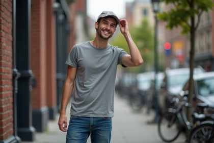 Jeune homme en t-shirt ajustant un chapeau coton en ville