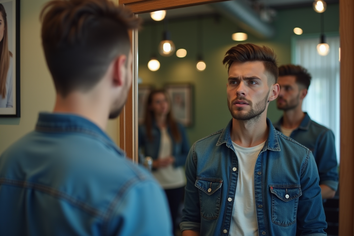 Jeune homme regardant son nouveau style de coiffure au miroir