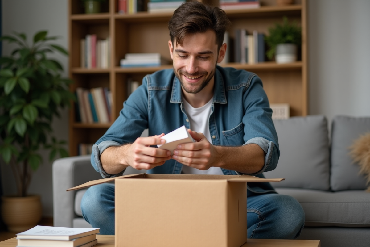 Jeune homme déballant un colis dans son salon cosy