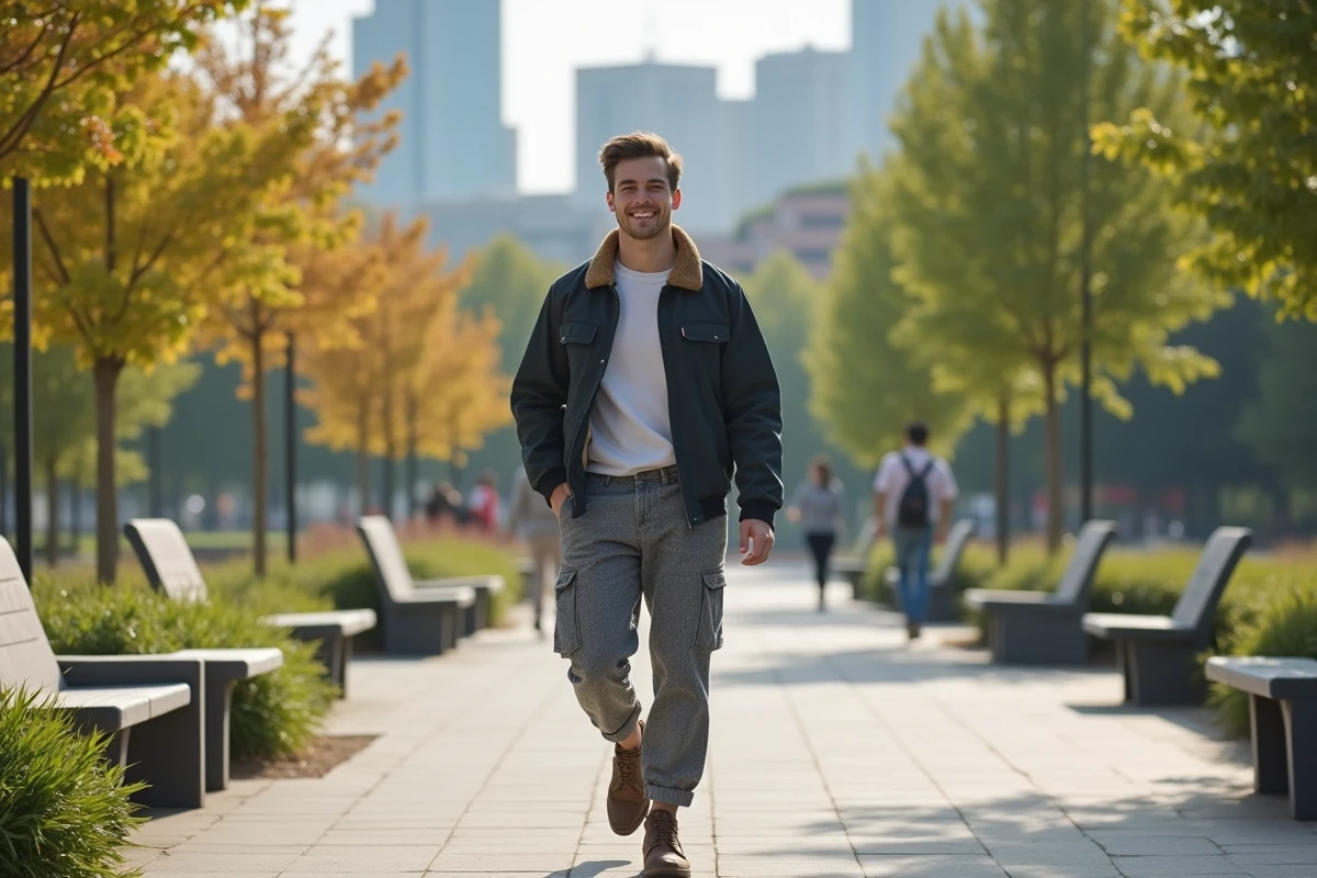 Jeune homme souriant en veste casual dans un parc urbain