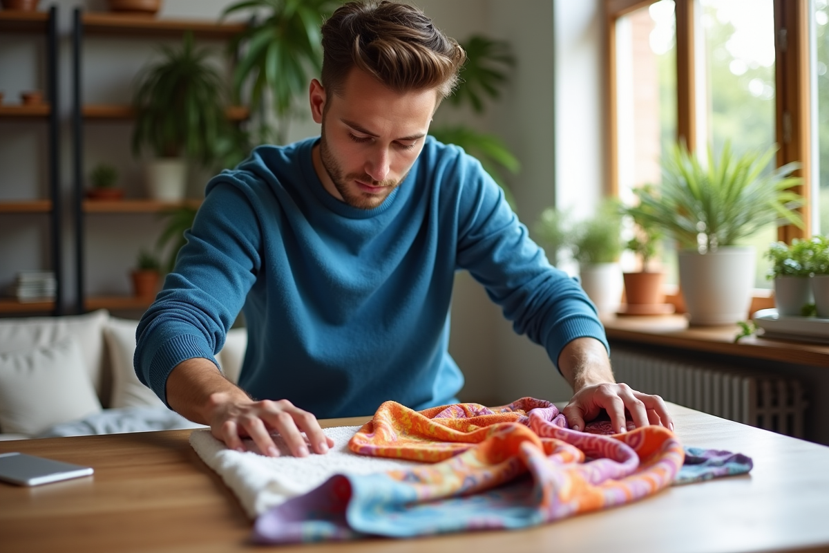 Jeune homme disposant une echarpe en soie sur une table