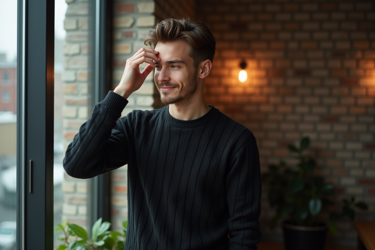 Jeune homme se regardant dans le miroir chez lui