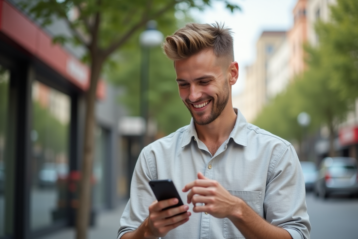 Jeune homme stylé vérifiant son téléphone dans la rue