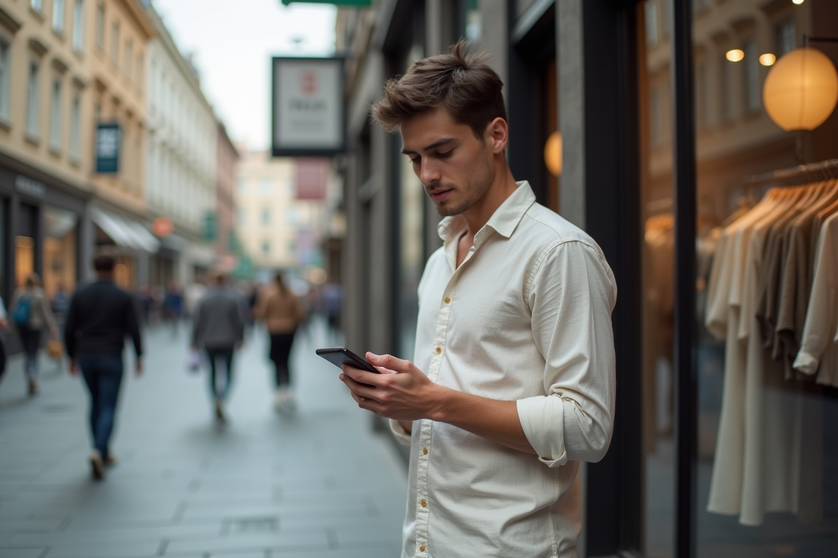 Jeune homme vérifiant son calendrier devant un magasin en ville