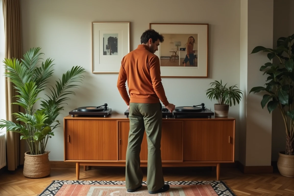 Jeune homme arrangeant des vinyles dans un appartement moderne