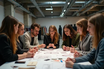 Groupe de jeunes designers en discussion apr&egrave;s un d&eacute;fil&eacute;